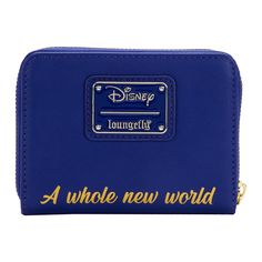 a blue wallet with disney's logo on the front and words written across it