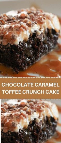 chocolate caramel toffe crunch cake on a plate