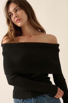 Solid ribbed knit top. Off-shoulder neckline. Oversized foldover collar. Long sleeves. Fitted silhouette. Shaper Fit styles feature premium stretch fabric and contour fit designed to sculpt the body. 70% Viscose, 30% Polyester. Imported. Designed in LA. Model wears size S. Ribbed Knit Top, Fitted Silhouette, Fitness Fashion, Knit Top, Rib Knit, Stretch Fabric, Ribbed Knit, Off Shoulder, Long Sleeves