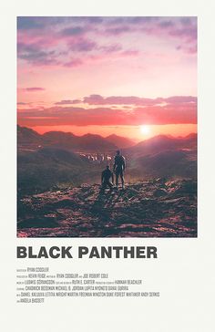 a movie poster for black panther with two men standing on top of a mountain at sunset