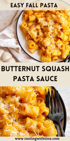 two plates with different types of pasta on them and the words butternut squash pasta