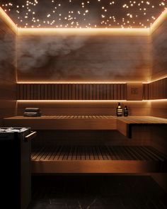 a wooden sauna with lights on the ceiling