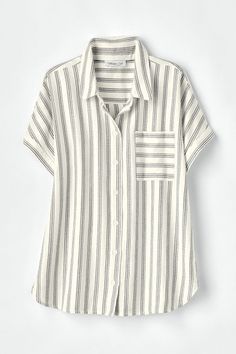 A crossover pleat below the back yoke gives this black-and-white striped shirt a unique twist. | Women's Riverside Striped Shirt - White Multi - PS - Petite Size Spring Tops With Vertical Stripes And Shirttail Hem, Casual Tops With Vertical Stripes And Shirttail Hem, Chic Pinstripe Tops For Work, Chic Striped Blouse With Shirttail Hem, Classic Striped Tops With Shirttail Hem, Chic Relaxed Fit Tops With Vertical Stripes, Chic Striped Relaxed Fit Shirt, Chic Pinstripe Top With Striped Collar, Chic Pinstripe Tops With Striped Collar