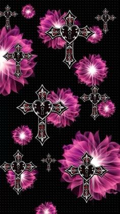 the cross is surrounded by pink flowers and crosses on a black background with white dots