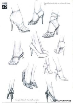 various types of women's high heeled shoes and footwear, all drawn in pencil