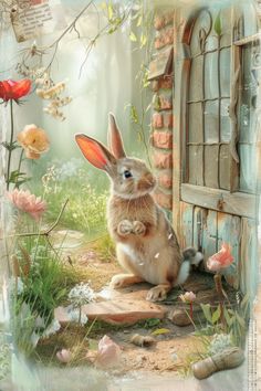 a painting of a rabbit sitting in front of an open door with flowers around it