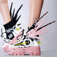 Gear Up For Your Battle On The Dance Floor With The Destiny 2.0 Platform Sneakers From Anthony Wang. These Rad Festival Platform Sneakers Feature A Black Vegan Upper With White And Pink Mech Accents, Detachable Shield And Wing Details, Lace-Up Front, Chunky Tread Sole, And Hidden Interior Wedge That Will Amp Up Your Moves. With These Cute Sneakers, No Naturals Will Stand In Your Way! "Destiny 2.0 Platform Sneakers 3"" Heel, 1.5 Platform Vegan And Pu Upper Sock-Like Ankle Fit Built-In Inner Wedge Unique Tennis Shoes, Men Pink Outfit, Gundam Shoes, Anthony Wang Shoes, Pink Streetwear, Rave Gear, Shoe Designs, Oc Inspo, Warm Leggings