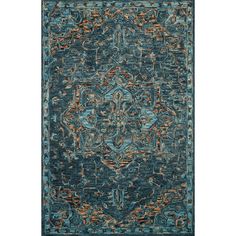 a blue rug with an intricate design on the front and back side, in various colors