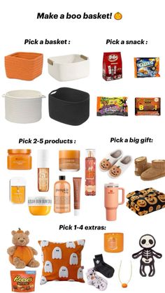 the contents of an orange and white gift bag with text that reads, make a boo basket