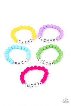 Bracelets in assorted colors. Infused with beads that spell out inspirational words across the wrist, this stretchy bracelet features matte beads that are in the shade of Green. The motivational word on the beads is "Lucky."

Sold as one kid's bracelet. Bracelets Trendy, Motivational Bracelets, Paparazzi Accessories Jewelry, Word Bracelet, Blue Pink Purple, Inspirational Bracelets, Kids Bracelets, Bracelet Kits, Paparazzi Accessories