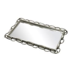 a metal tray with a chain around it and a mirror on the top of it