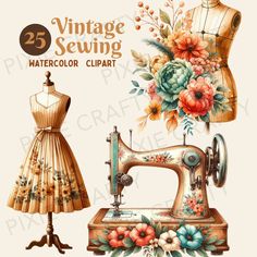 an old sewing machine with flowers on it and the words vintage sewing watercolor clipart