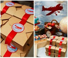 an airplane themed birthday party with boxes and decorations