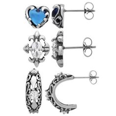 Never settle for one pair of earrings, our womens stainless steel blue and white 3pc. stud earring set has all youll need for your fashion jewelry necessities. Each stud earring is created from durable stainless steel and features their own unique style. Choose from a heart shape earring, crescent earring or semi-circle pair of earrings; all styles are suitable for both casual and special occasion attire. You can embrace your feminine side with these gem accented earrings! Made complete with sta Internally Threaded Stainless Steel Jewelry, Crescent Earrings, Never Settle, Heart Shaped Earrings, Stud Earrings Set, Steel Blue, Stud Earring, Heart Shape, Earring Set