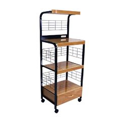 a three tiered shelf with drawers on wheels