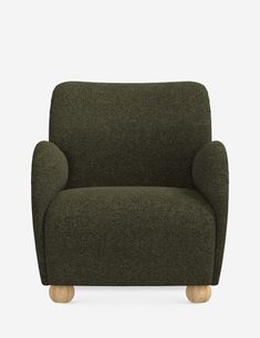 a green chair with wooden legs on a white background