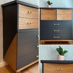 four different views of a dresser with drawers