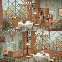 two pictures of a dining room with tables and chairs