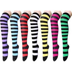 Thigh High SocksEach pair features bright colors and black stripes throughout. Choose from green with black stripes, pink with black stripes, yellow with black stripes, white with black stripes, red with black stripes, blue with black stripes, or purple with black stripes. Wear them with shorts or mini skirts to show off your energy and boost your confidence.Size & PackagingOur thigh high socks for women are designed to fit shoe sizes 6-9 and sock sizes 9-11. The length from the top of the sock Fitted Striped Knee-high Socks, Striped Knee-high Socks For Stocking Stuffers, Trendy Multicolor Thigh High Stockings, Trendy Stretch Multicolor Stockings, Trendy Multicolor Stretch Knee-high Socks, Stretchy Multicolor Trendy Knee-high Socks, High Thigh Socks, Striped Thigh High Socks, Striped Knee High Socks