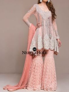 Deepak perwani blossom pink engagement angrakha gharara dress for bride | Find women party wears at Corpus Christi Texas best party outfits store near me WD9001061 Pink Embellished Sharara For Wedding, Pink Wedding Sharara With Resham Embroidery, Pastel Gharara Wedding, Pink Wedding Sharara With Naqshi Detailing, Pink And White Gharara, Indian Marriage Dress