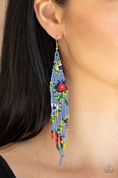 Strands of blue, gray, yellow, green, red, and white seed beads colorfully weave into a vivaciously floral beaded fringe. Earring attaches to a standard fishhook fitting. Sold as one pair of earrings. Fringe Earring, Beaded Chandelier Earrings, Native American Beaded Earrings, Paparazzi Accessories, Beaded Fringe, Gray Yellow, Paparazzi Jewelry, Elegant Accessories, Seed Bead Earrings