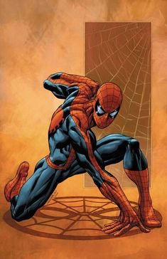 the amazing spider - man in his web suit is kneeling down and looking at something