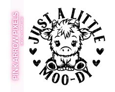 a black and white drawing of a cow with hearts on it's head, in front of the words pink arrow pixels