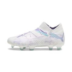 a white soccer shoe with purple and blue accents on the upper part of the shoe