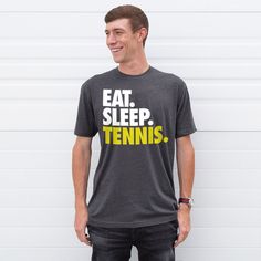 Ideal on and off the court, this fun Eat. Sleep. Tennis. short sleeve T-Shirt is on players will love to show off, especially when they live the tennis life. The comfortable tennis T-Shirt is designed to last and is a durable, yet versatile, shirt that players will wear while playing, or as an everyday shirt that looks great when paired with any choice of bottoms. Marathon Shirts, Baseball Shorts, Mens Lacrosse, Tech Shirt, Running Short, Mens Lifestyle, Linnet, Running Clothes, T Shirt And Shorts