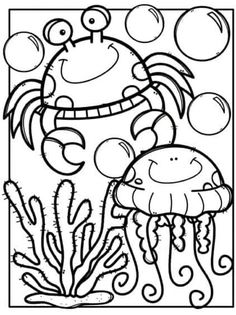 a coloring page with an octopus and jellyfish