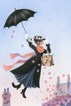 a woman flying through the air while holding an umbrella in her hand and wearing a hat