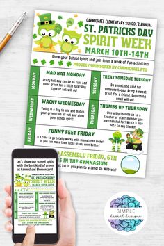 st patrick's day spirit week poster with text and image on it next to a phone