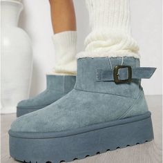 Nwot New Worn Powder Blue Like Ankle Boots With 2 Inch Platform And Round Toe Buckle On The Side I Free Teddy Like Fuzz Inside True To Size Very Comfortable Light Blue Shorts, Short Boots, Powder Blue, Blue Cream, Ankle Boots, Light Blue, Size 10, Buckle, Women Shoes