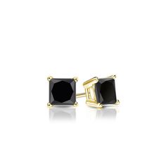 4-Prong Basket-set black princess-cut diamond stud earrings make a stylish statement in beauty. These 14k yellow gold stud earrings sparkle with a total weight of 0.50 ct. and are available with push-back, screw back or lever back clasps. Black Diamond Pendant, Black Diamond Earrings Studs, Black Diamond Studs, Halo Diamond Earrings, Solitaire Diamond Pendant, Black Diamond Earrings, Colored Diamond Rings, Rose Gold Earrings Studs, Black Princess