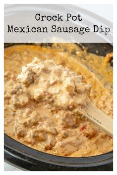 crock pot mexican sausage dip in a slow cooker with a wooden spatula