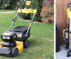 two pictures of lawn mowers on the grass