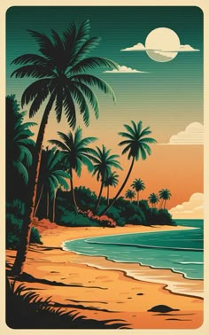 a painting of palm trees on the beach at sunset with an ocean and sky in the background