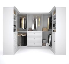 an open white closet with clothes and other items