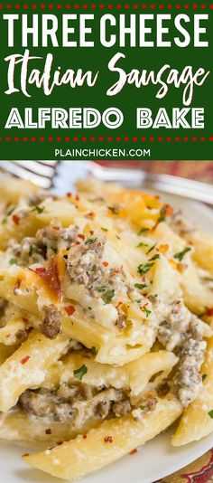 three cheese italian sausage alfredo bake on a white plate