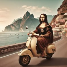 a woman riding on the back of a scooter down a road next to a body of water