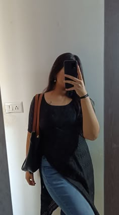 Black Kurti And Jeans Outfit, University Outfit Indian, Kurta Outfits For College, Snapchat Mirror Selfie, Desi College Outfits, Coaching Outfits, Hide Face Selfie, Girl Hide Face