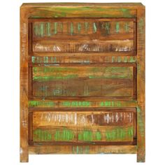 an old wooden dresser with green paint on the top and bottom drawers, isolated against a white background