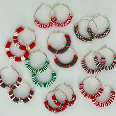 These 8mm Heishi beaded Christmas Hoops are super festive for any event this holiday season. Dimensions: 40mm *Earrings usually ship within 3-5 business days. Please be aware that due to the unique and handmade nature of each product, color, shapes, and sizes may vary slightly from the photo and descriptions. Earrings With Clay Beads, Flat Bead Earrings, Flat Bead Earring Ideas, Christmas Earrings Ideas, Christmas Hoop Earrings, Clay Beaded Earrings, Diy Earrings Christmas, Christmas Jewelry Diy Earrings, Clay Beads Earring Ideas