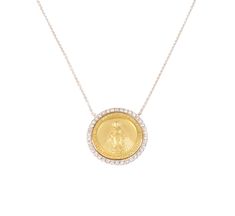 Gorgeous round diamond medal with Miraculous medal. The medal has 0.30cts total weight in diamonds. The necklace measures 18'' inches with jump ring at 17'' inches and 16'' inches. Commemorative Jewelry With Miraculous Medal, Diamond Coin Pendant Necklace, Yellow Gold Diamond Necklace With Coin Pendant, Yellow Gold Round Miraculous Medal Jewelry, Gold Diamond Necklace With Coin Pendant, Gold Diamond Medallion Necklace, Gold Medallion Diamond Necklace, Yellow Gold Miraculous Medal Jewelry, White Gold Medallion Necklace