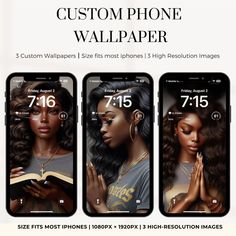 three iphones with the text custom phone wallpaper, and two women holding books