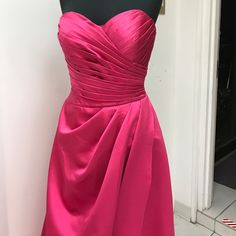 Sweetheart Neckline High Quality Satin, Back Center Zipper, Front Draped Skirt. Measurements Are As Followed Bust 38 Waist 30 Hip 40 Hollow To Hem 59 Pink Satin Gown, Skirt Measurements, Draped Skirt, Satin Gown, Pink Satin, Sweetheart Neckline, Pink Ladies, Strapless Dress, Hot Pink