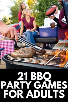 two bbq party games for adults are being served on the grill with people sitting around