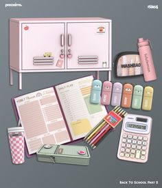 an assortment of school supplies including pens, notebooks and pencils are arranged on a gray background