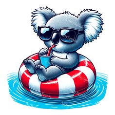 a koala bear with sunglasses on an inflatable raft drinking from a straw