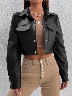 Flap Pocket Crop PU Jacket Black Casual  Long Sleeve PU Leather Plain Other Non-Stretch  Women Clothing, size features are:Bust: ,Length: ,Sleeve Length: Crop Leather Jacket, Pu Jacket, Leather Clothing, Women Outerwear, Leather Jacket Outfits, Stylish Jackets, Inspired Outfits, Mode Inspo, Really Cute Outfits